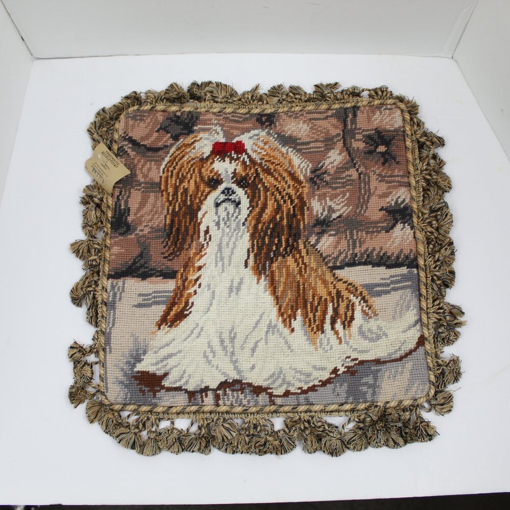 Handcrafted Needlepoint Shih Tzu Dog Tassel Pillow Cover Claws Collection NWT
